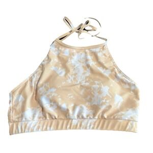 Tan/White Tie Dye Bikini‎ Top Removable Pads Size L Halter Ties Elastic Hem